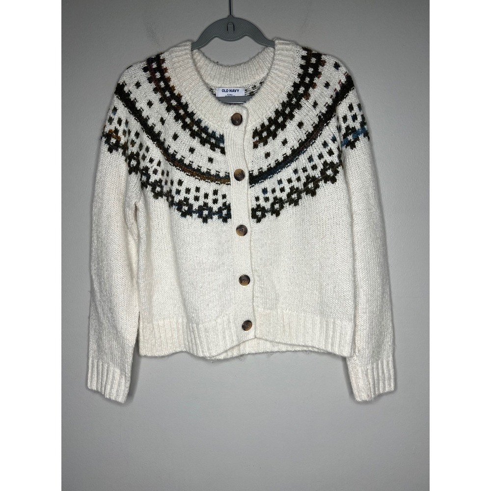 Old Navy Fair Isle Cardigan Sweater Cream White Button Front M Tall Go-Recycled